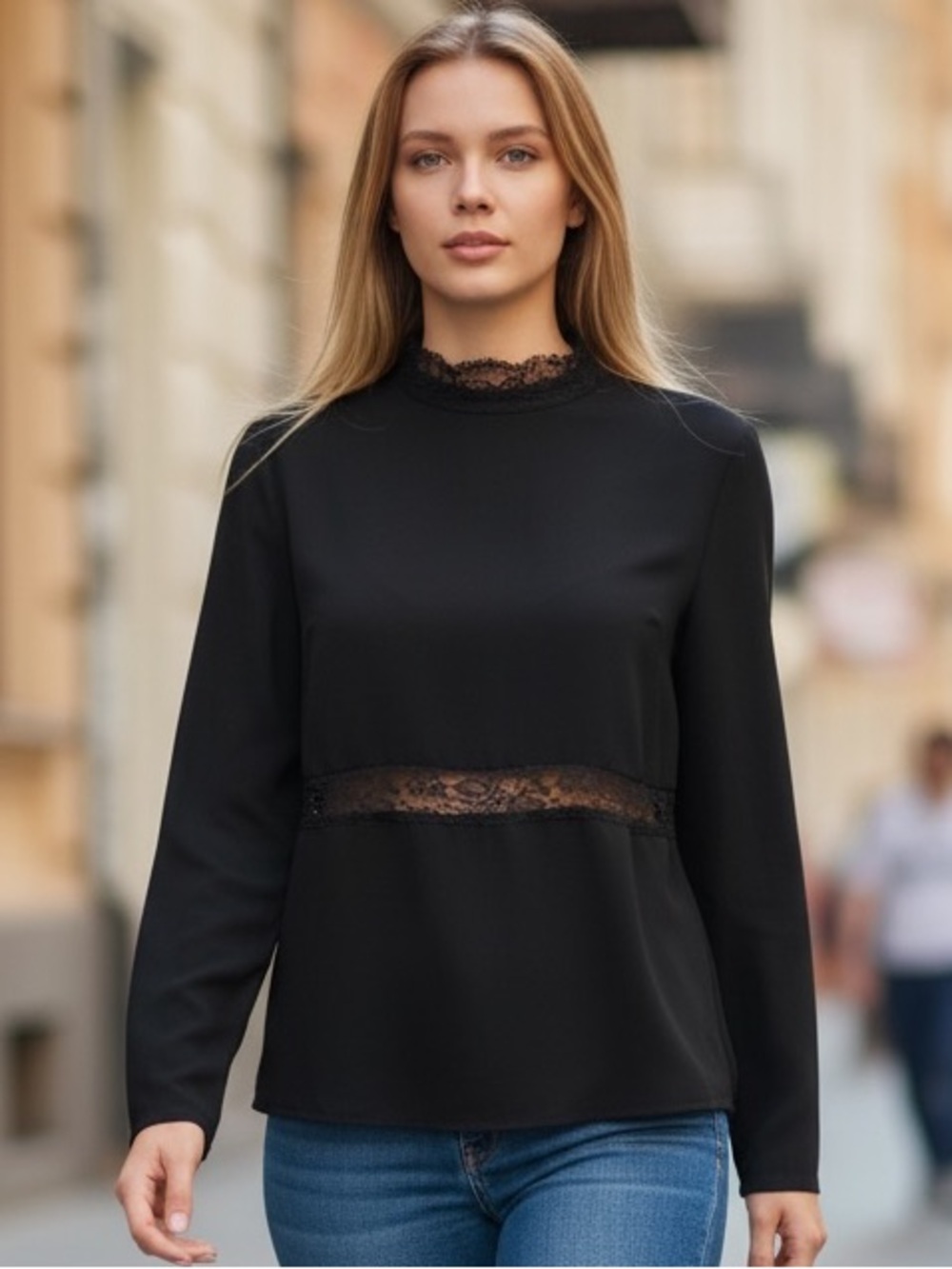 Babaton Black Lace-Trim Long Sleeve Women's Top size Small
